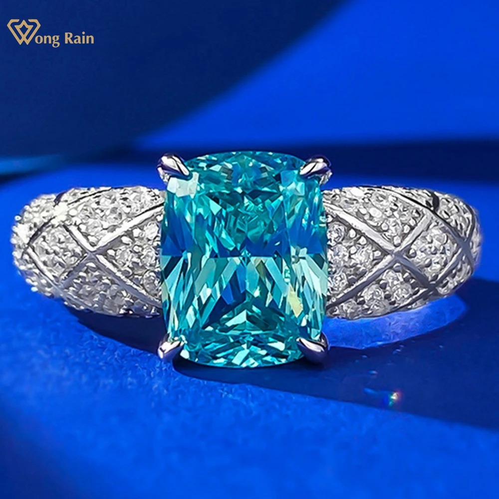 

Wong Rain Luxury 925 Sterling Silver 7*9 MM Paraiba Tourmaline High Carbon Diamond Gemstone Cocktail Party Ring Fine Jewelry