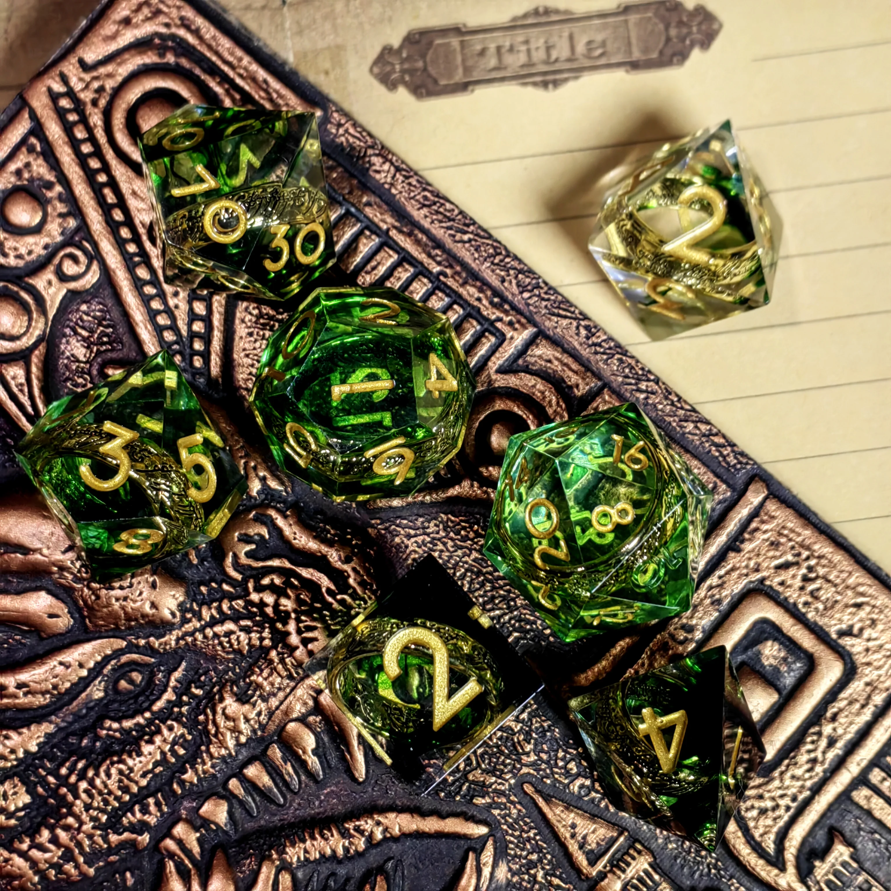 DnD Dice Set-7pc Resin Polyhedral Dice with Dragon Ring Core, Emerald Green D&D for RPG Games