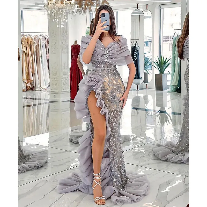

Женское вечернее платье с юбкой годе, элегантное платье с V-образным вырезом, открытыми плечами, оборками и высоким разрезом сбоку, роскошное платье для выпускного вечера