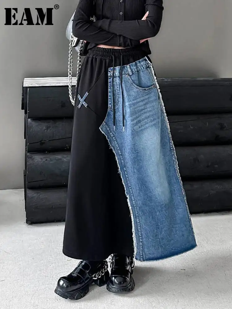 EAM High Elastic Waist Black Denim Color-block Burr A-line Half-body Skirt Women Fashion Tide New Spring Autumn 2026 1DH5213