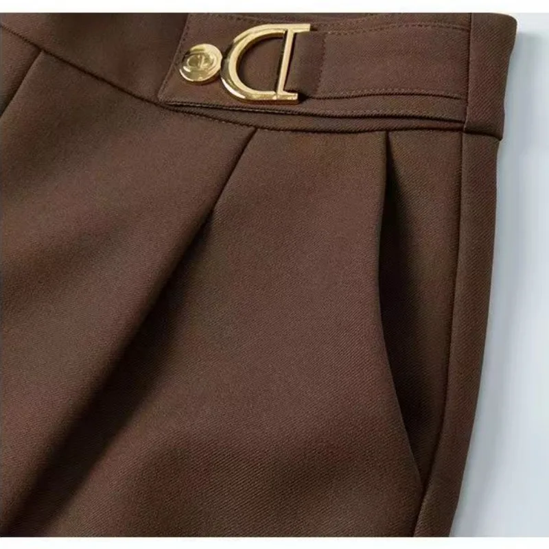 Women's 2023 Spring Autumn New High Waist Zipper Bright Line Decoration Pockets Loose Ruched Wide Leg Shorts A-line Casual Pants
