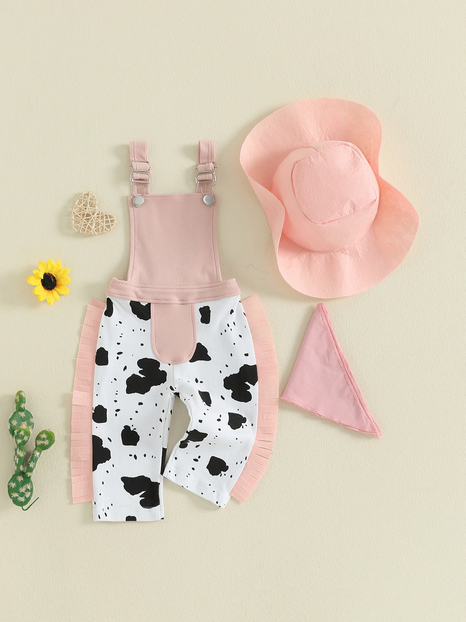 Baby-Western-Kleidung, ärmelloser Overall mit Kuhmuster, Quaste, Cowgirl-Hut und Bandana-Halstuch – Detail 6
