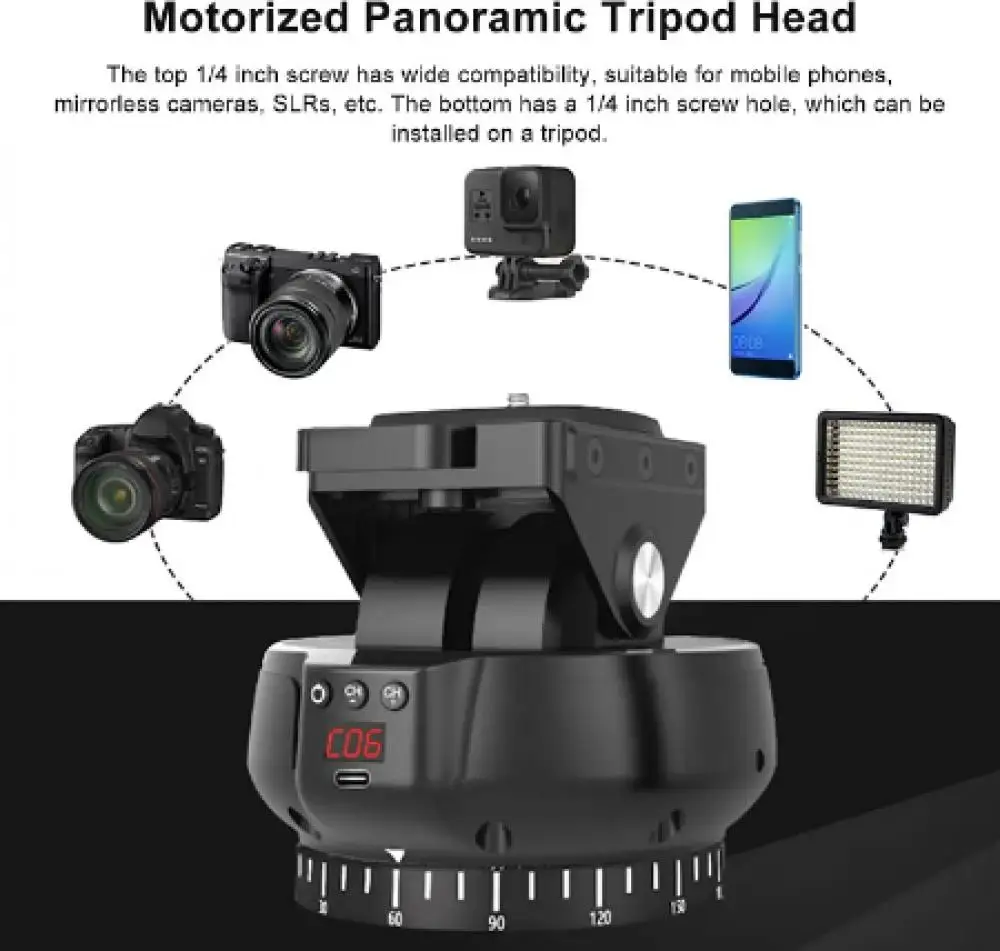 ZIFON YT-1200 Auto Motorized Rotating Panoramic Head Remote Control Pan Tilt Video Tripod Head Stabilizer for Video Shooting