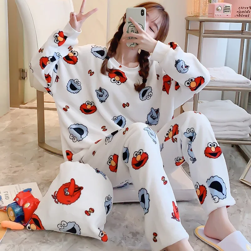 

New Winter Flannel Warm Pajamas Korean Kawaii Cartoon Pajama Set Fashion Pijama Mujer Leisure Home Cloth Pyjamas Women Sleepwear