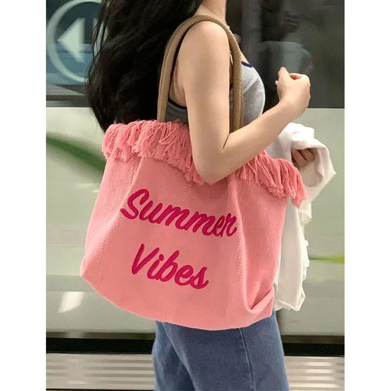 Women's Handbags Trend 2023 Summer Pink Shoulder Bag Canvas Female Casual  Tote Bucket Y2K Ladies Handbag Top-handle Bags Women - AliExpress