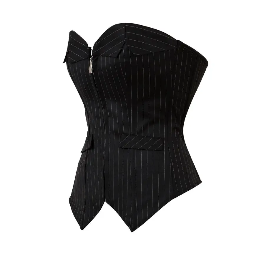 Women Striped Zipper OverBust Corset, Lace Up Office Professional  Bone Corset,Corgested Bustier Plus Size S-6XL