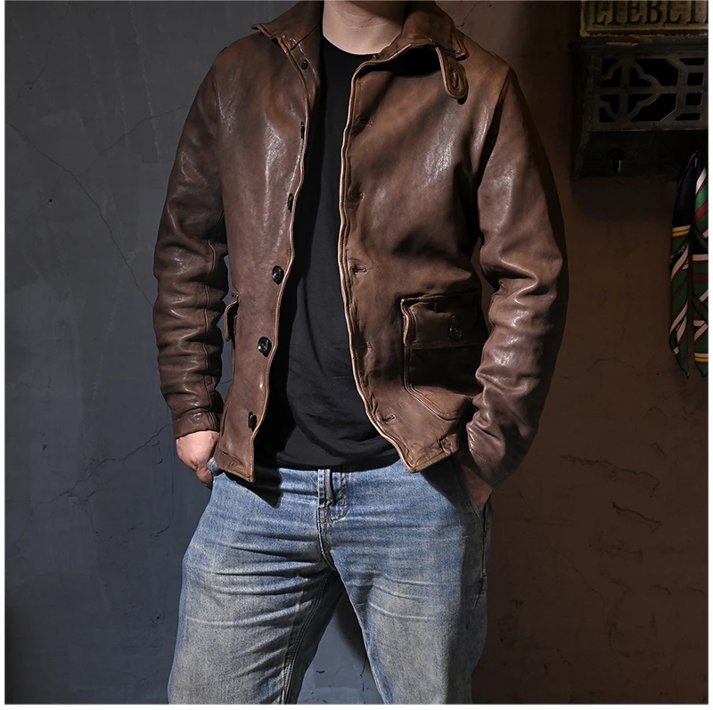 YR!Free shipping.Luxury quality natural tanned sheepskin jacket.Vintage Brown genuine leather coat.fashion leather cloth
