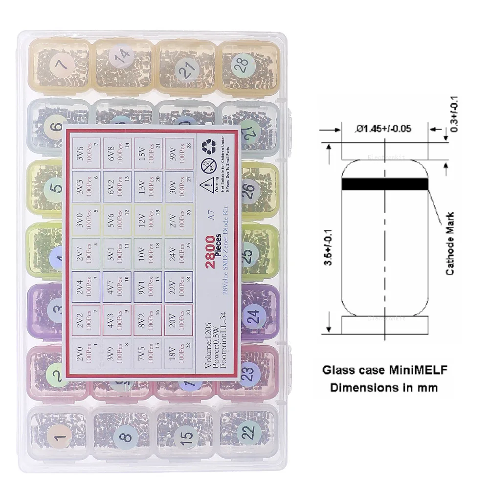 2800pcs 28value 1206 0.5W SMD Zener Diode Assorted Box Kit 2V2.7V 3.3V
