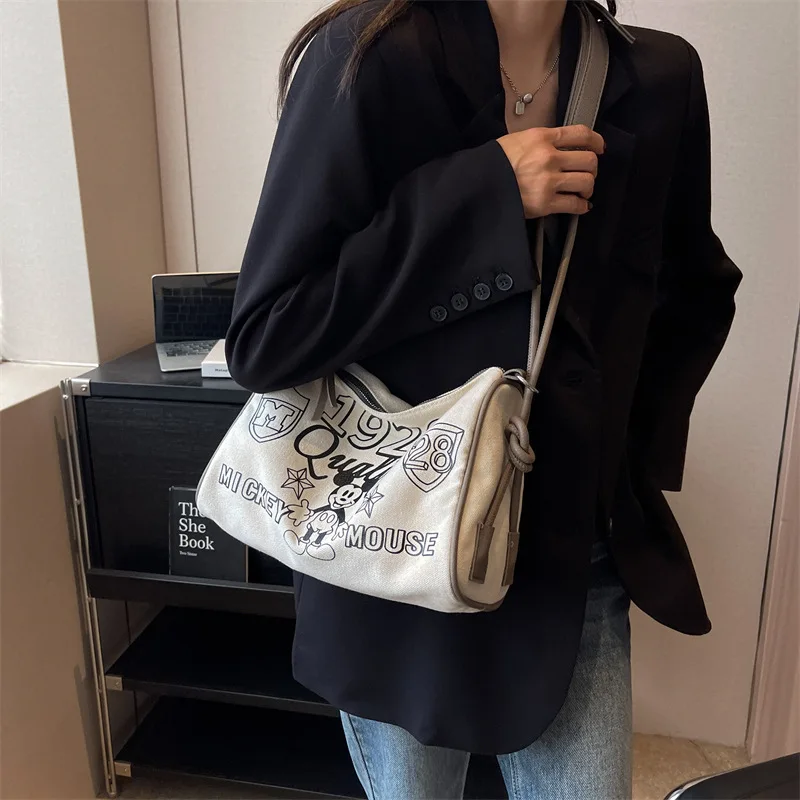 Large Capacity Cartoon Mickey Print Canvas Bag Women's Bag 2024 New Casual Shoulder Bag Simple Contrast Color Crossbody Bags
