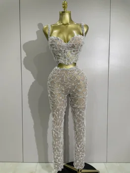 Sexy Sparkly Diamonds Splicing Lace Halter Top+Long Pants Two Piece Set Women Celebrate Birthday Dancer Nightclub Stage Costume 1