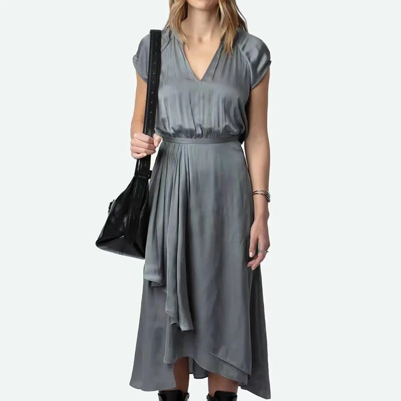 

Designer Dress Women's Luxury 2024 Spring/Summer New Design Feel Split Spliced V-neck Short Sleeve Long Dress