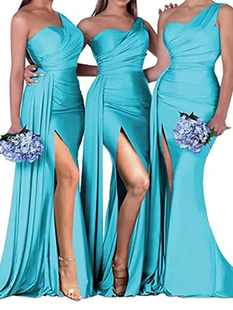 Women's One Shoulder Mermaid Satin Bridesmaid Dresses with Slit Elegant Pleated Long Formal Evening Party Gowns Customized