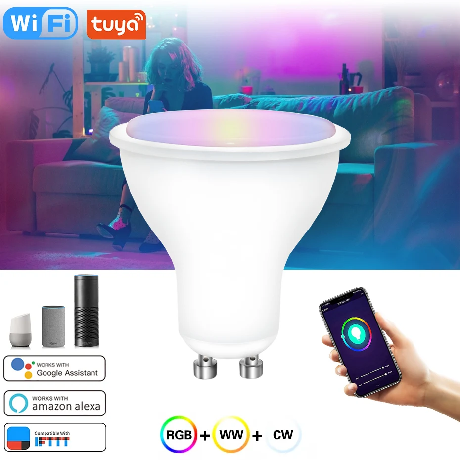 Tuya WiFi Smart GU10 Led Bulbs RGB White Dimmable Led Spotlight GU 10 Lighting Work With Alexa,GU10 Led Lamp With Remote Control