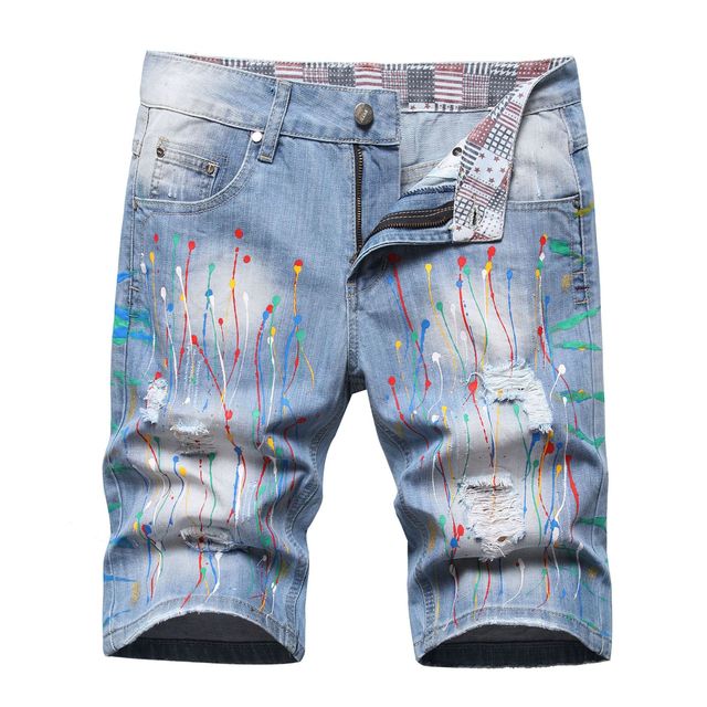 Holes Denim Shorts Light Blue Jeans Shorts Good Quality Male Staight Knee Length Jeans Painted Street Wear Denim Shorts 42