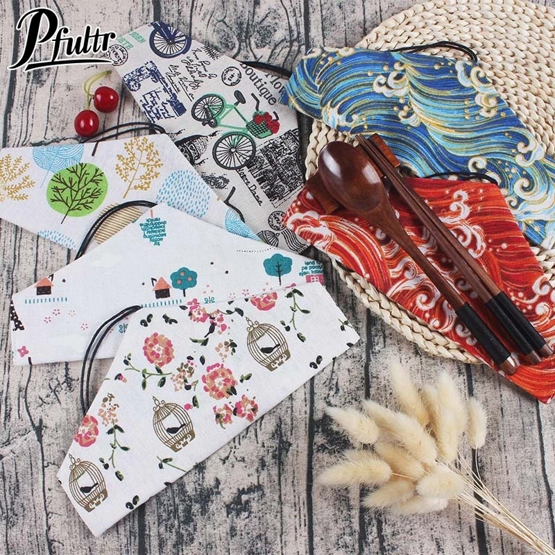 Portable Tableware Bag Japanese Printing Reusable Drink Straw Chopstick Cutlery Pouch Drawstring Bag Cutlery For Spoon Fork Tableware Storage Bag
