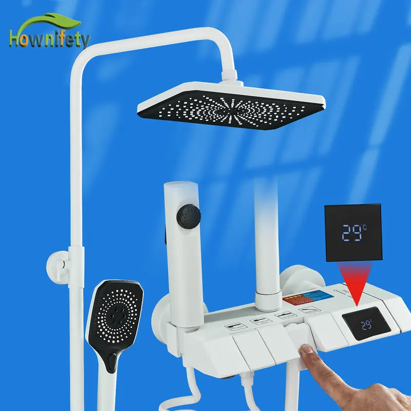 White Black Shower Faucet Set Digital Display Screen Rainfall Piano Bath Cold Hot Water Mixer Bathroom Shower Systems bathroom faucet bathroom shower faucet set