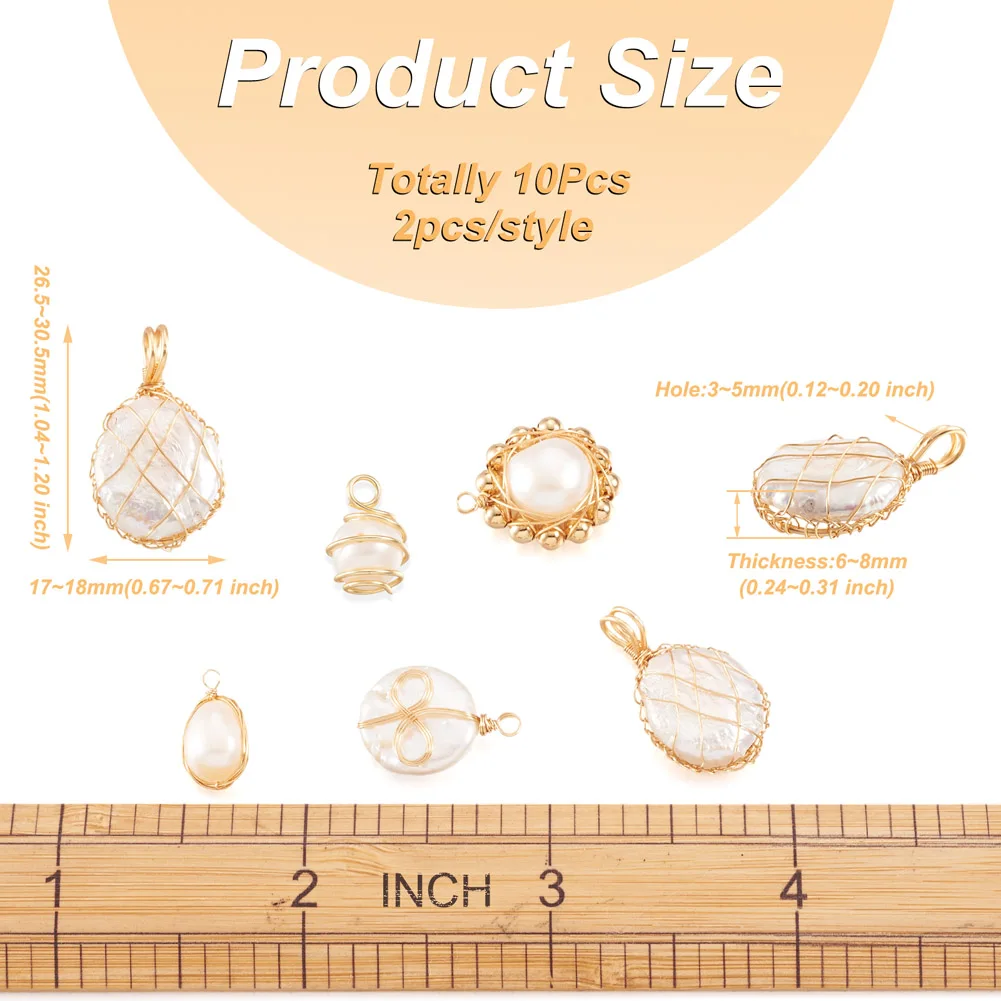 10Pcs Natural Pearl Pendants Keshi Pearl Charms with Real 18K Gold Plated Copper Wire For DIY Necklace Earrings Jewelry Making
