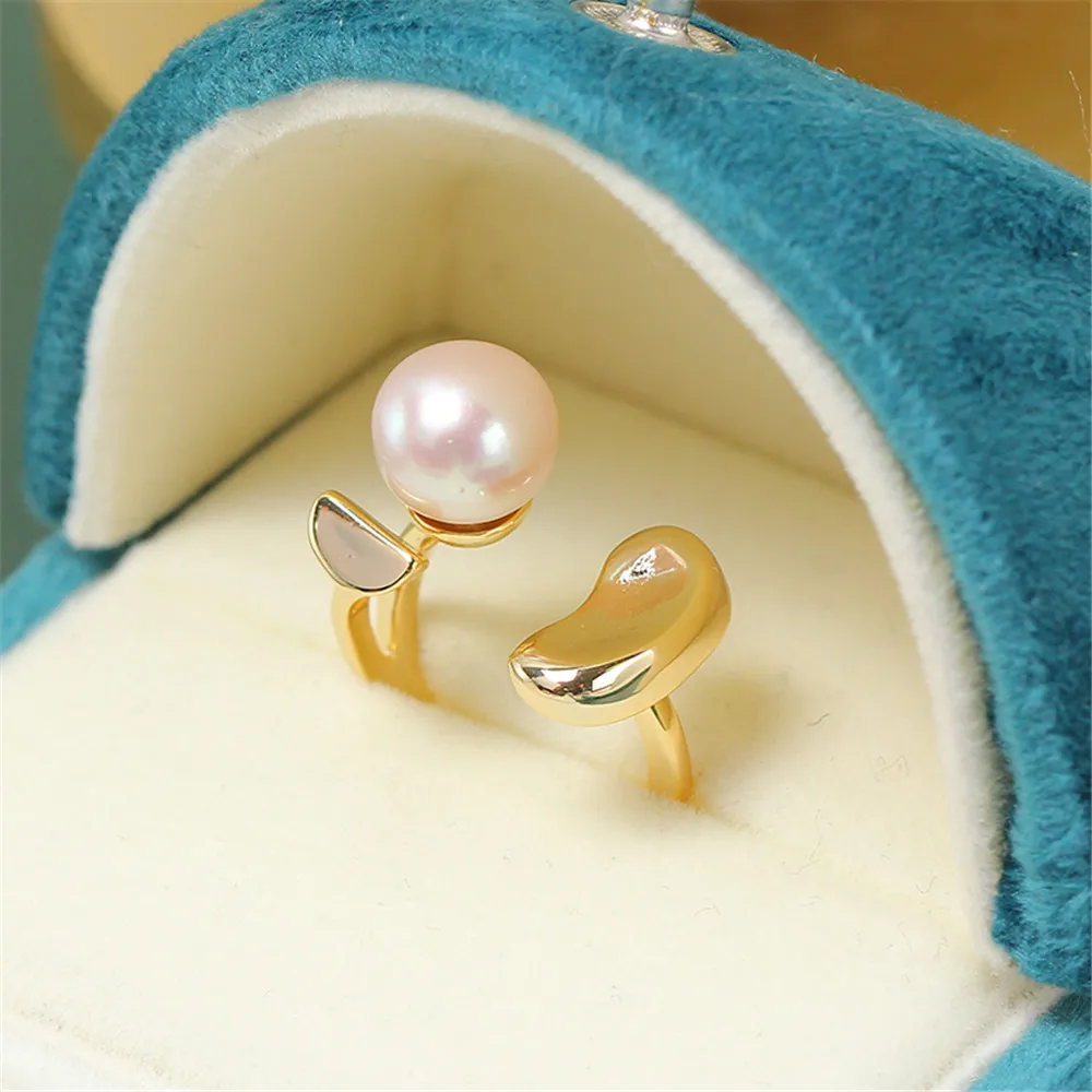 Domestically 14k Gold Geometric Minimalist Pearl Ring Adjustable Opening DIY Accessories Empty Support for Women