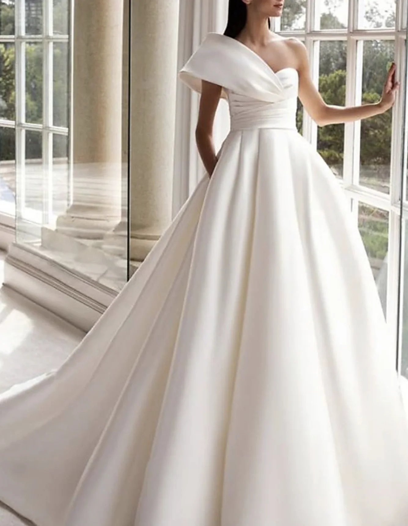 

2024 Wedding Dresses A-Line One Shoulder Sleeveless Sweep / Brush Train Satin Bridal Gowns With Ruched