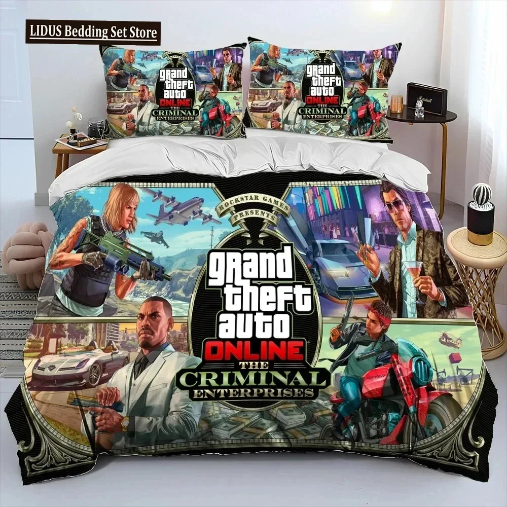 Grand Theft Auto GTA Gamer Comforter Bedding Set,Fashion Polyester Duvet Cover Bed Set Pillowcase, King Queen Size Quilt Cover 6