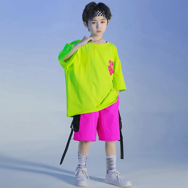 Kid Hip Hop Dance Clothes Boys Green T-Shirt Loose Summer Jogger Street Dancewear Girls Jazz Practice Performance Costume BL8662