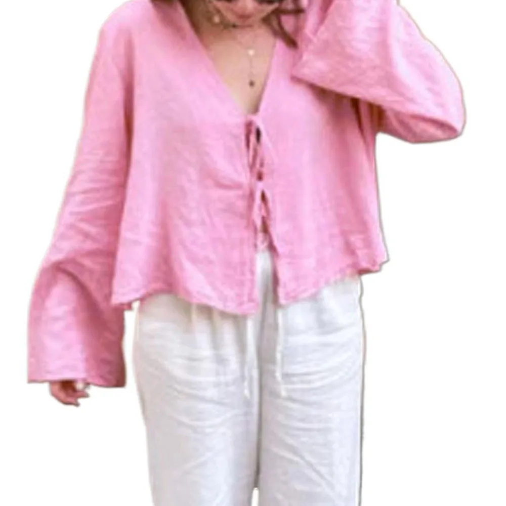 Women Summer Lace Up V Neck Blouse