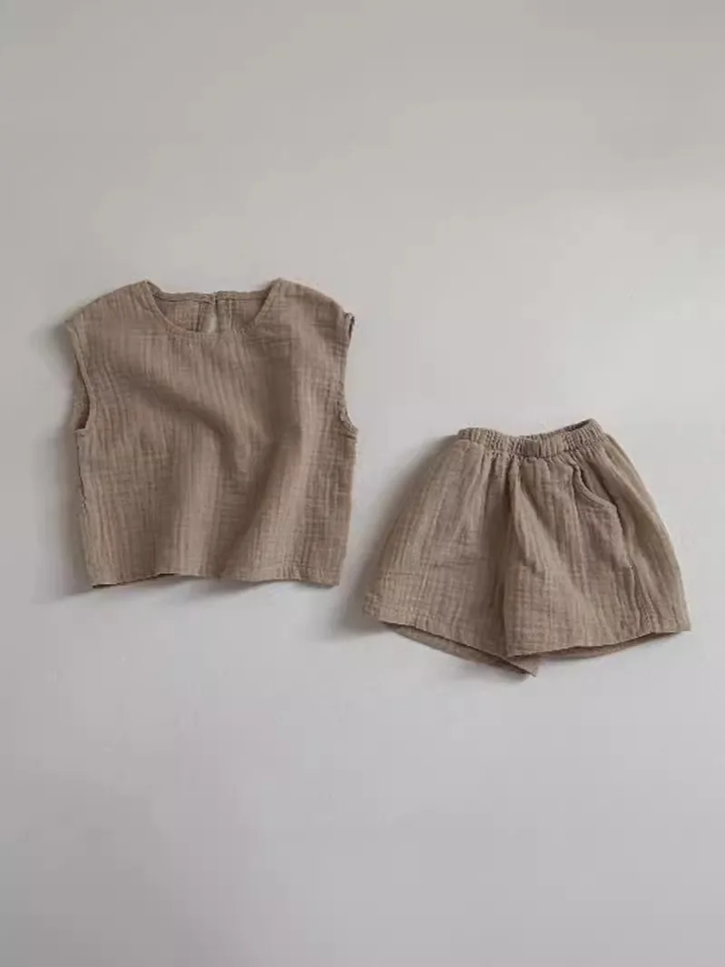 2025 Summer New Baby Sleeveless Clothes Set Infant Boy Girl Solid Breathable Vest + Shorts 2pcs Suit Toddler Versatile Outfits 2