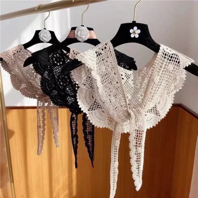 Women Shrugs Lace Hollow Out Female Summer Casual All-match Shawls Simple Scarf-collar Sleeveless Knitted Tops Korean Style Chic 5
