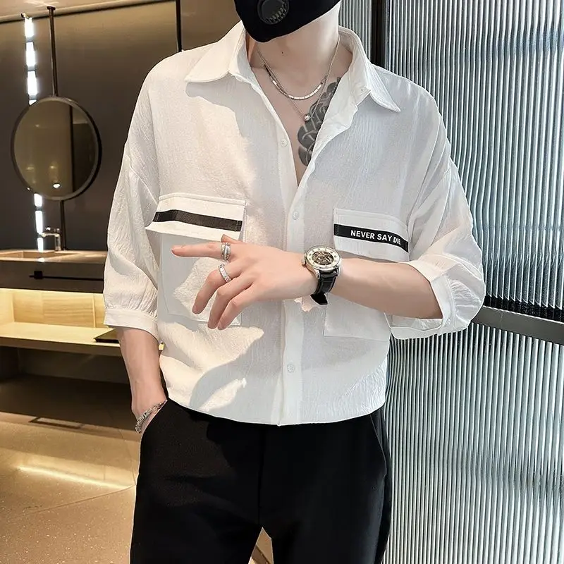 Summer New Men's Color Blocking Turn-down Collar Button Spliced Pockets Fashion Versatile 3/4 Sleeve Pi Shuai High End Shirt Top