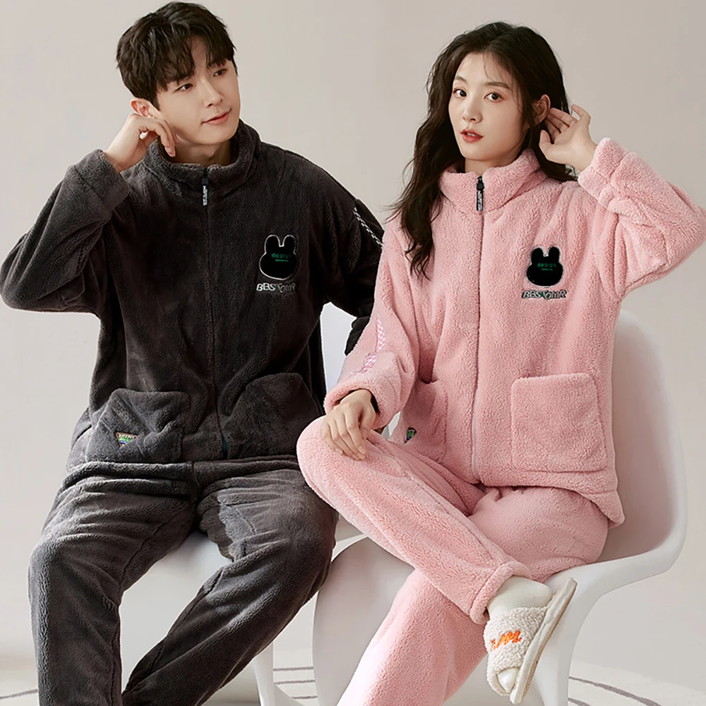 Antistatic Thicken Flannel Couple Sleepwear Men's Winter Warm Pajamas Set Casual Korean Style Zipper Patchwork pijama hombre