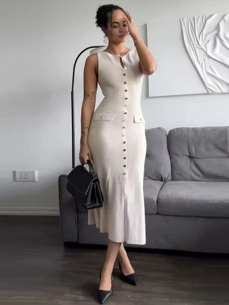HH Women Knitted Solid Midi Dress Slim Single Breasted Sleeveless Dresses With  Fake Pockets Office Lady Woman Elegant Dress