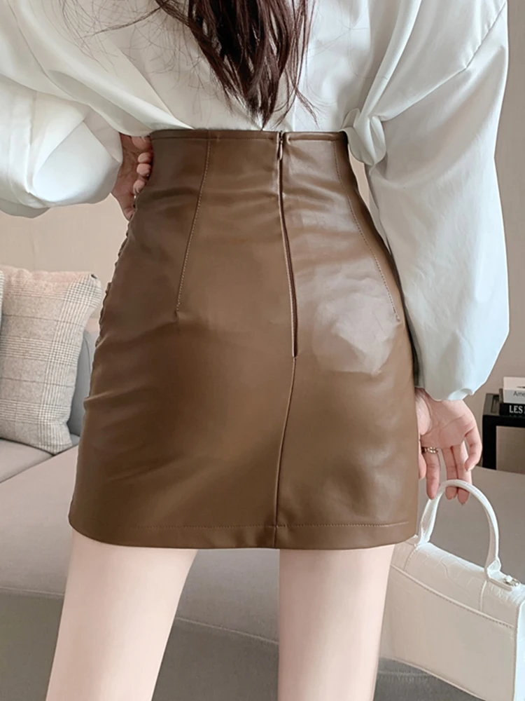 leather skirt Ailegogo New Spring Women Pu Faux Leather Mini Skirts High Waist Elegant Female Pencil Slim Skirt Office Lady Black Bottoms wrap skirt