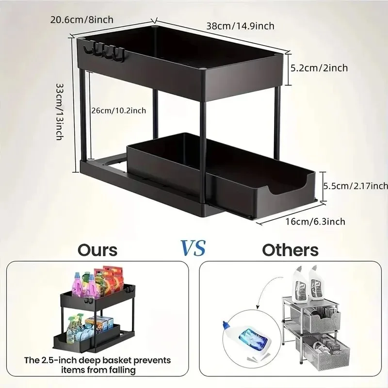 Pull-Out Cabinet Storage Rack Detachable Trays Hooks Bathroom Kitchen Under Counter Space Saving Home Organizationer