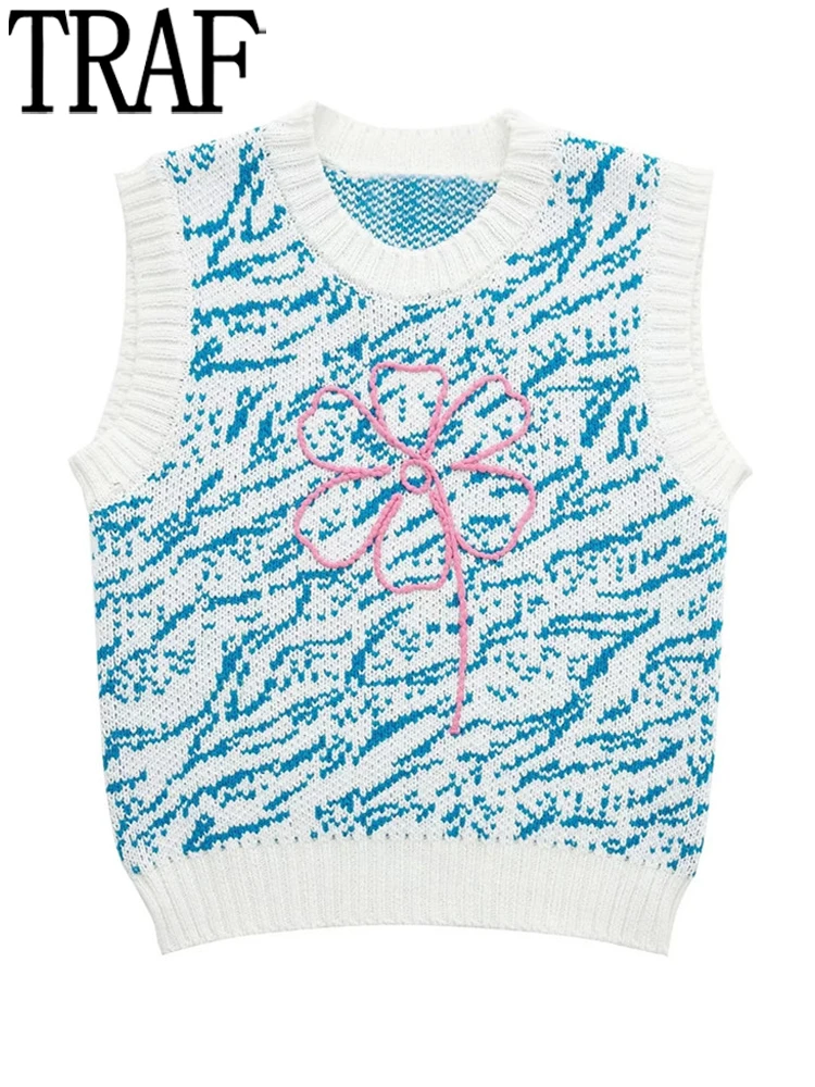 Traf Women Vest Knit Sweaters Flower Embroidered Vest Woman Korean