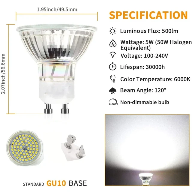 Ampoules LED GU10, 4W Équivaut à 50W Ampoule Halogène, Blanc Froid