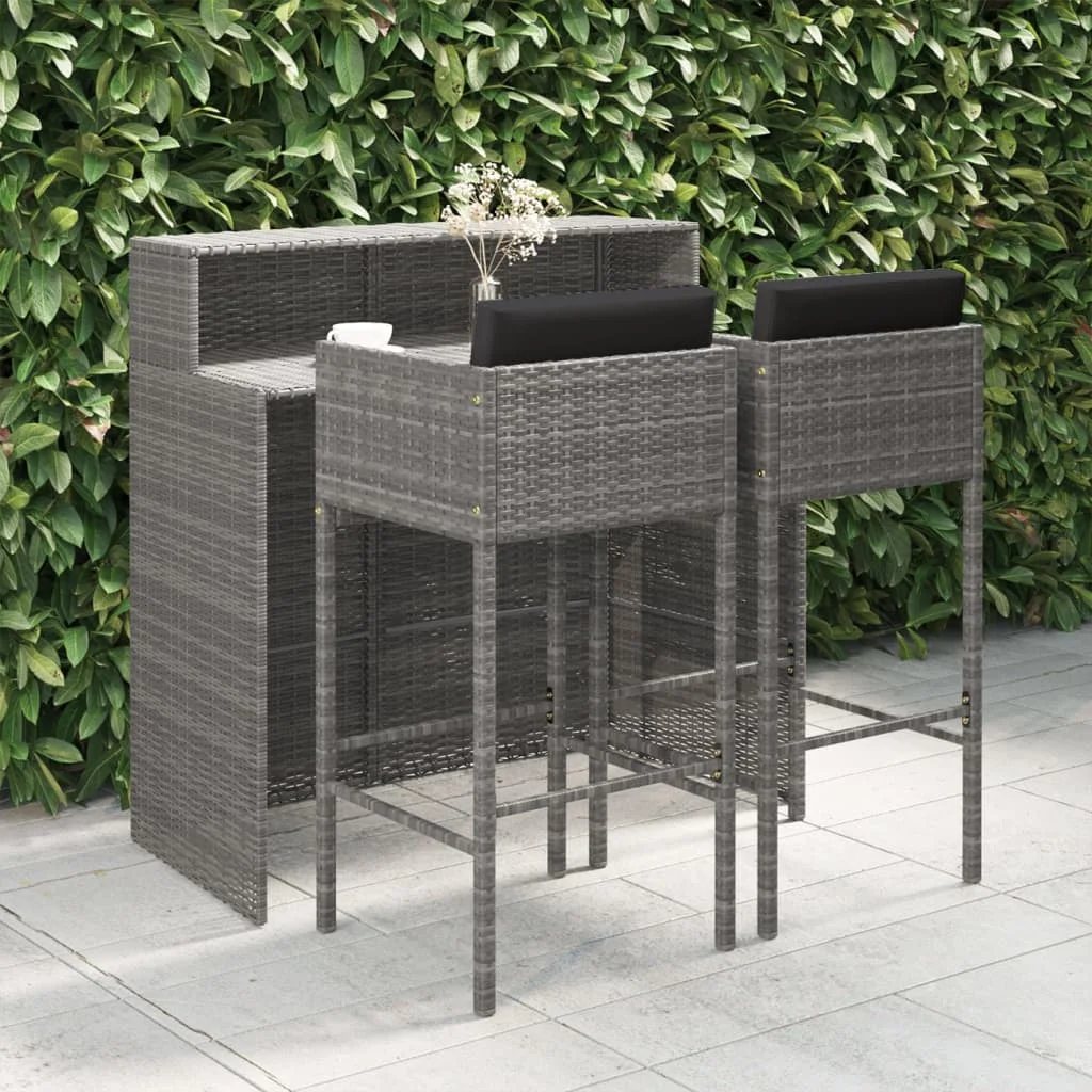 3Pcs Patio Bar Set with Cushions Poly Rattan Gray Outdoor Garden Table Chair Furniture for Backyard Pool