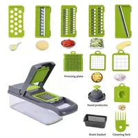 Trancheuse multifonctionnelle avec panier, coupe-légumes, déchiqueteuses, hachoir à fruits, râpe à carottes, vert, noir, 12 en 1, 1 pièce 3