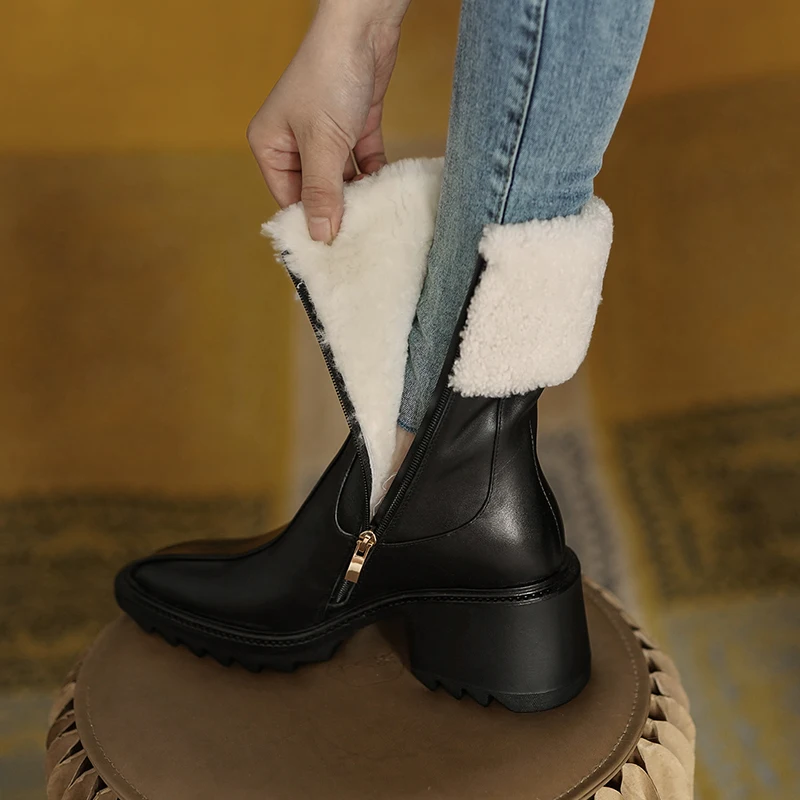 

Cowhide Women Winter Shoes Wool Fur Warm Patchwork Ankle Boots Side Zippers Elegant Ladies Shoes Snow Boots Keep Warm -30℃