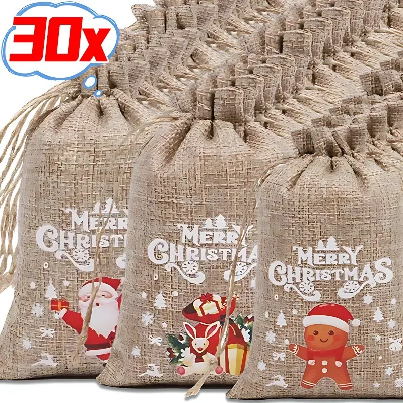 Christmas Gift Bags 30/1Pcs Drawstring Linen Candy Gift Bag Xmas Favor Bracelet Jewelry Packaging Santa Claus Pattern