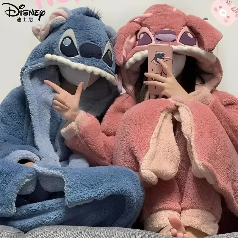 

Kawaii Stitch Disney Robe Stitch Hooded Nightgown Ladies Thickened Warm Cute Women Autumn Winter Coral Fleece Casual Clothing
