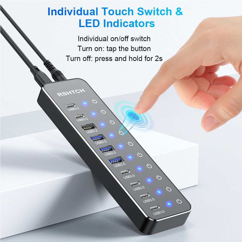 RSHTECH 10 In 1 USB C Hub 10Gbps USB-C With Individual Touch Switches Multiport Splitter Docking Station For MacBook_voghion.com