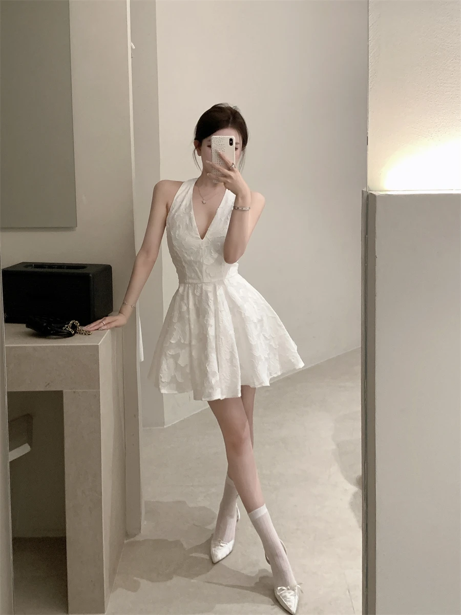 Y2K Halter Backless Short Dresses for Women V-neck Jacquard Sleeveless A-line Birthday Party Dress Prom Mini Vestidos Mujer New
