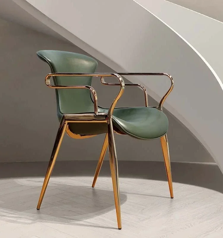 

Stainless Steel Armrest Armchair Designer Chair Light Luxury Italian Dining Chair Saddle Leather Home Dining Chair