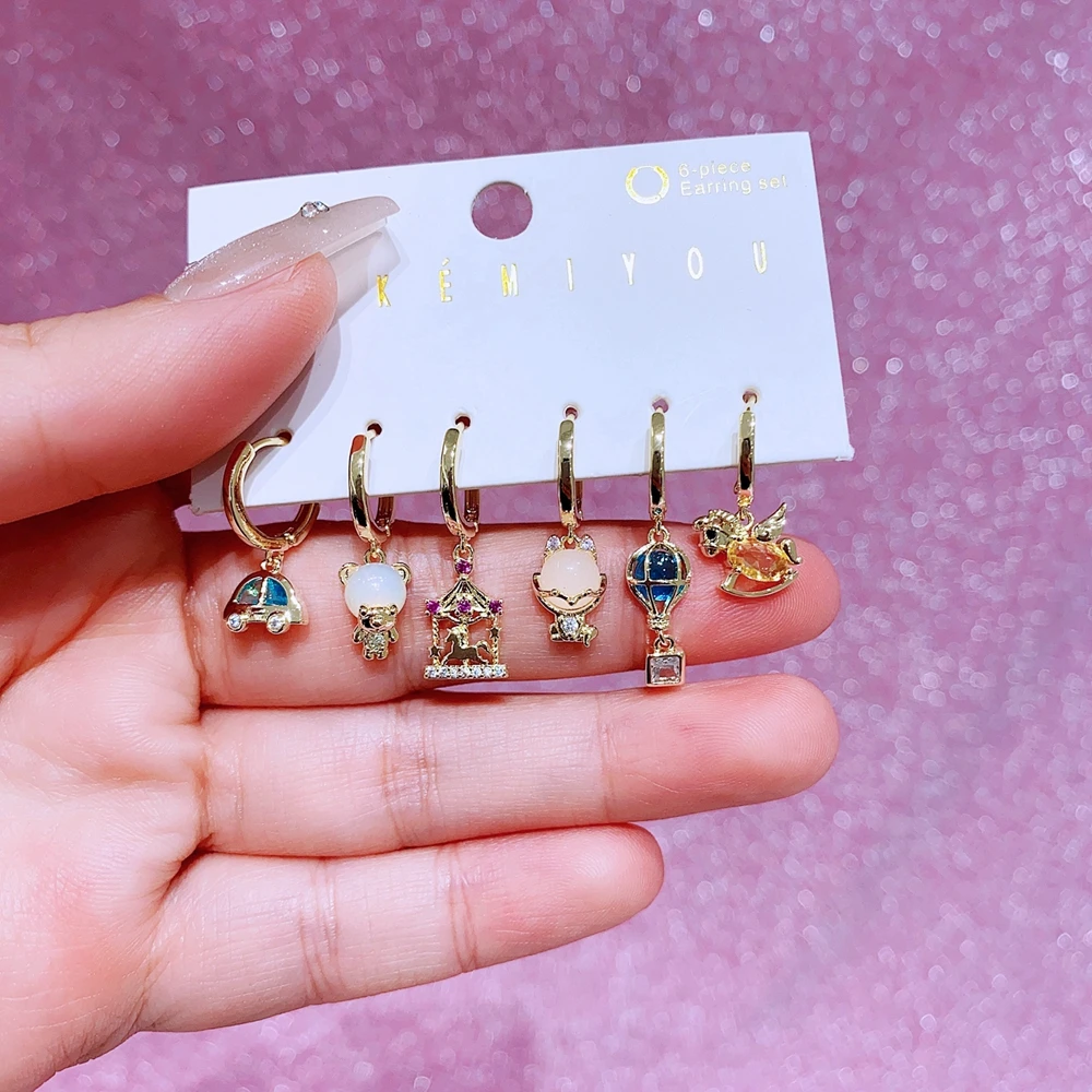 MIGGA 6pcs Mix Design Anime Cartoon Dangle Earrings Set Gold Color Cubic Zircon Women Girls Gift Jewelry 6