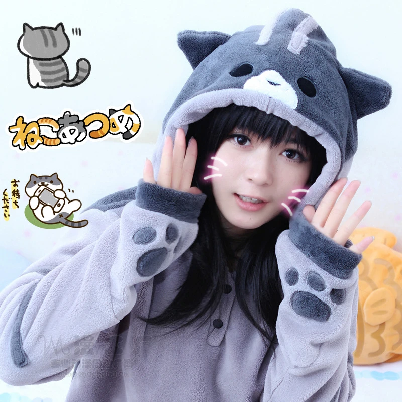 Sudadera con capucha con orejas y cola de gato para mujer, de lana con capucha de estilo Harajuku Neko Atsume, ropa de invierno para chica, Lolita|Disfraces para niñas| - AliExpress