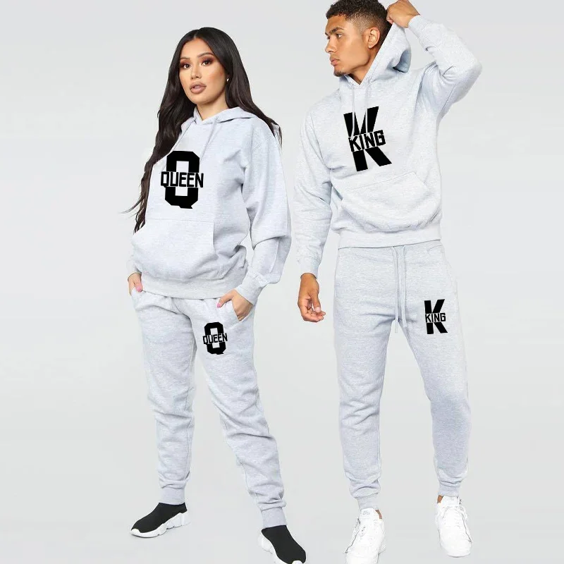 

Fashion Casual Couple Sport Wear Sets KING QUEEN Printed New Hooded Stracksuits Hoodie Pants Suit Hoodies Women Men Set 2023
