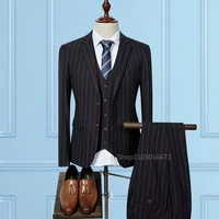 Formal Striped 3 Piece Men Suits Slim Fit Groom Tuxedos Notch Lapel Two Button Jacket Business Blazer Vest Pants Costume Homme 1