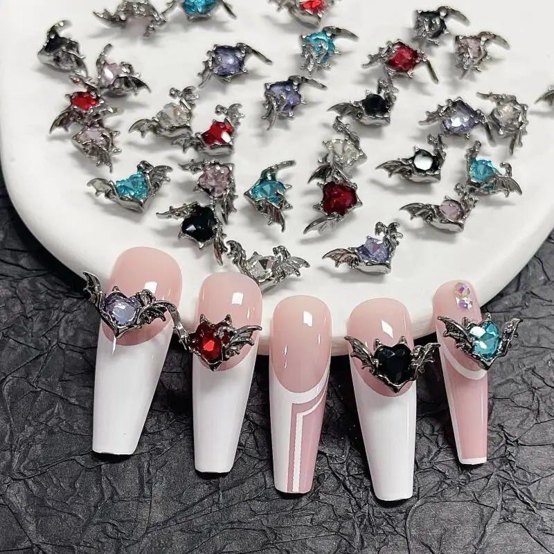 10pcs Gothic Punk Style Alloy Bat 3Heart D Nail Art Charms Spider Design For Halloween Nails Decoration Accessories