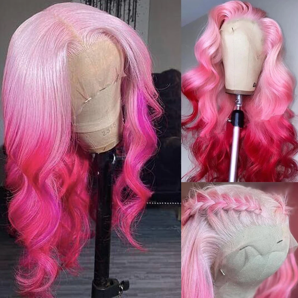 

13x4 HD Transparent Lace Front Wig human hair Pink Ombre red 360 Lace Frontal body wave Wigs Brazilian 13x6 closure T part wig