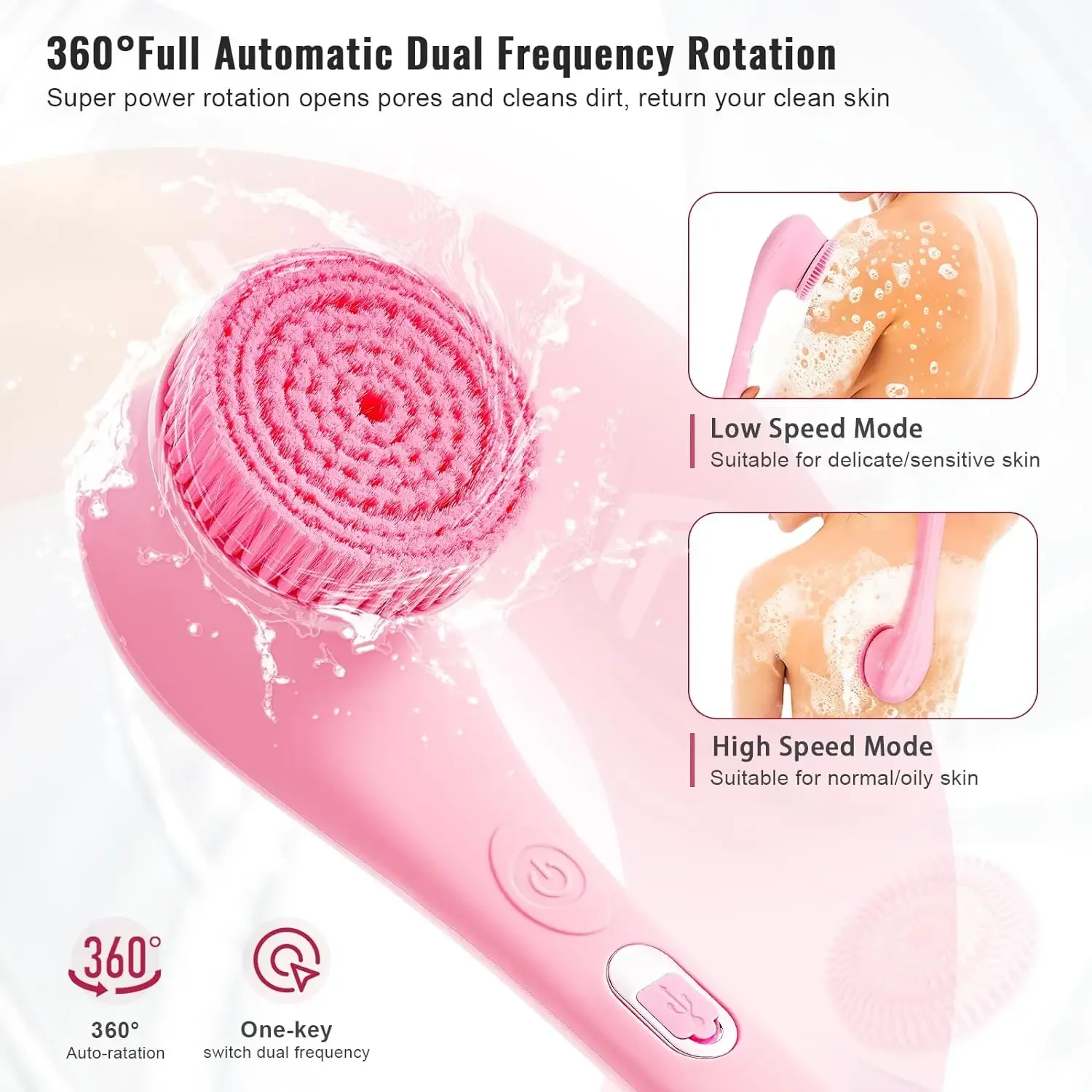 Electric Shower Brush Set for Whole Body Cleaning Back Scrubber 3 Cleaning Heads 2 Speeds Bathing Brush Massage Exfoliator